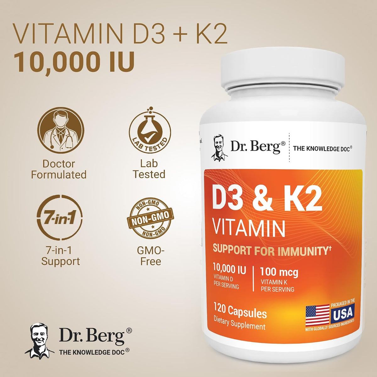Dr. Berg Vitamin D3 K2 w/ MCT Oil 10,000 IU D3 100mcg K2 120 Capsules Supplement (PACK OF THREE)