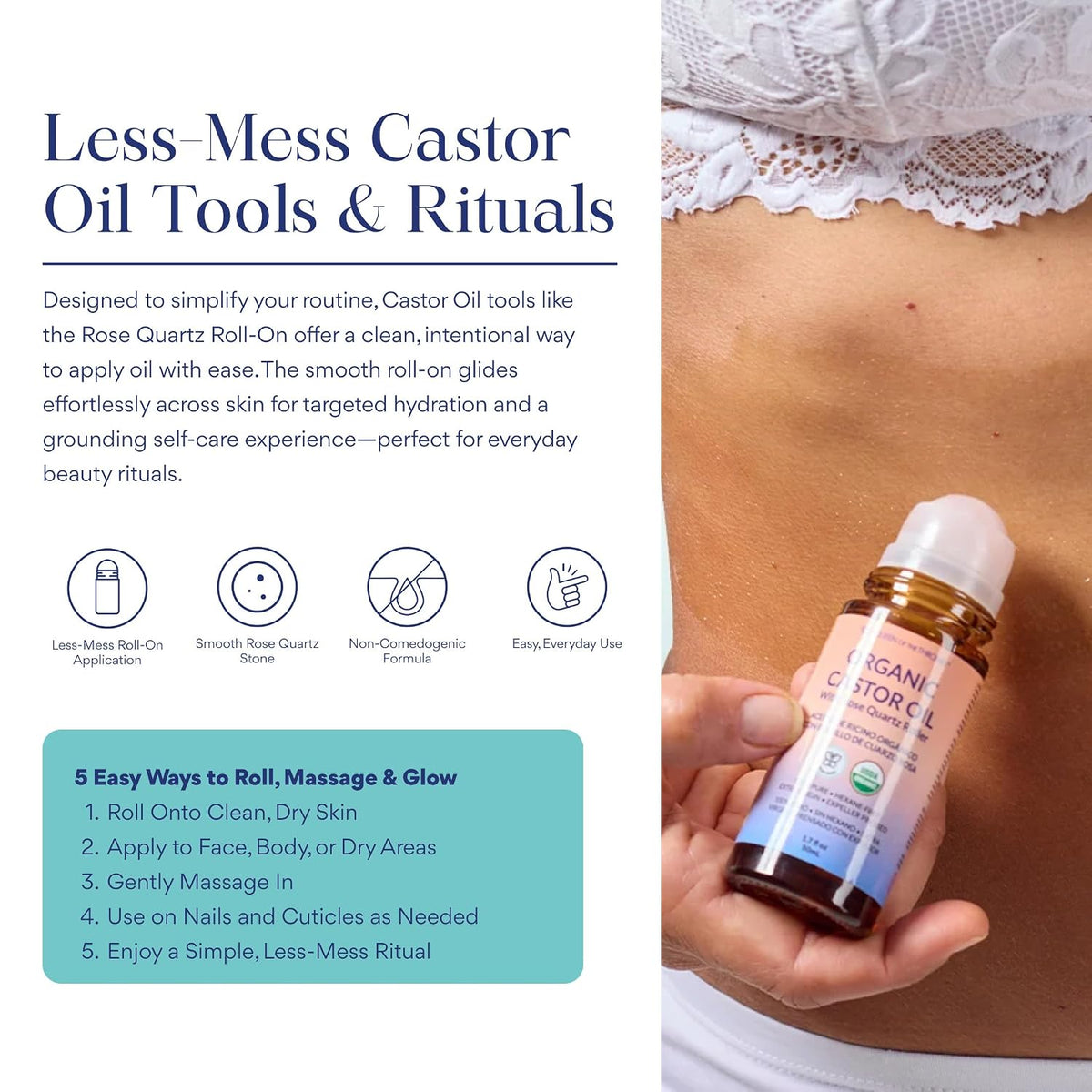 QUEEN OF THE THRONES Organic Castor Oil Roll-On with Rose Quartz – 1.7 oz / 50ml