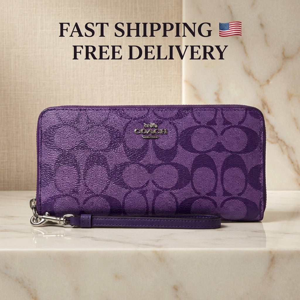 Coach Long Round Zip Wallet with Strap – Purple Signature C4452 – New - Vanrique