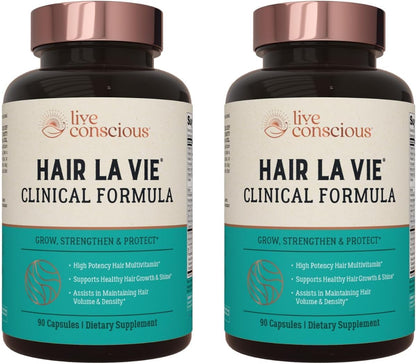 Live Conscious Hair La Vie Clinical Formula Hair Vitamins with Biotin, Collagen & Saw Palmetto – 90 Capsules Each, Pack of 2 (180 Total) – Factory Sealed