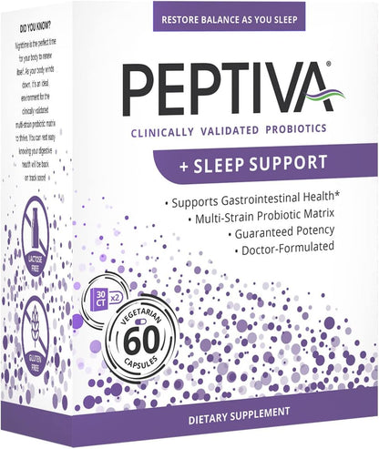 Peptiva Probiotics + Sleep Support 26 Billion CFU – 60 Vegetarian Capsules Each, Pack of 2 (120 Total) – Factory Sealed
